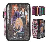 Depesche Trousse à crayons TOPModel Rebel Kitty – 3 compartiments, noir, paillettes, fourrure léo