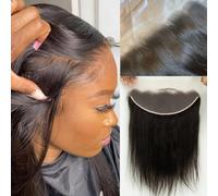 Topnormantic Dentelle frontale droite de 33 x 10,2 cm, petits nœuds individuels d'une oreille à l'autre, dentelle frontale pré-pincée avec cheveux de bébé, 0,15 mm, fermeture frontale en dentelle