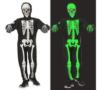 TOPOQ Costume d'Halloween squelette fantôme phosphorescent pour enfants - Combinaison de squelette effrayant avec tête de mort amovible, masque et gants pour cosplay, fête costumée