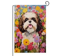 TopPacific Shih Tzu Drapeau de jardin de bienvenue printanier 30,5 x 45,7 cm double face, en toile de jute, petite pensée, fleur, jardin, cour, maison, drapeau extérieur, été, porche, pelouse pour