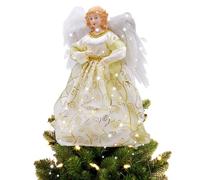 Topper d'arbre de Noël d'ange, Figurine de cime d'arbre, décoration intérieure avec des Ailes de Plume, 12.6in (Ange à Motifs Dorés)