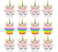 Topper de Gâteau,Licorne Cupcake Toppers et Wrappers 24 Pièces Décorations de Gâteau pour Les Enfants Anniversaire Bébé Douche Fête de D'anniversaire
