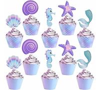 Topper de Gâteau,Sirène Cupcake Toppers et Wrappers 24 Pièces Décorations de Gâteau pour Les Enfants Anniversaire Bébé Douche Fête de D'anniversaire