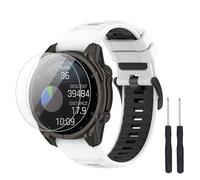 TopPerfekt Bracelet compatible avec Garmin Descent G2, bracelet de rechange en silicone souple et lot de 2 protecteurs d'écran pour montre intelligente Descent G2 pour homme et femme (blanc - noir)