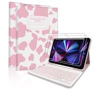 TopPerfekt Étui avec clavier Bluetooth pour iPad Pro 11" 4e/3e/2e/1ère génération (2022/2021/2020/2018) avec protecteur d'écran en verre trempé de dureté 9H, amovible, avec porte-crayon - Rose vache