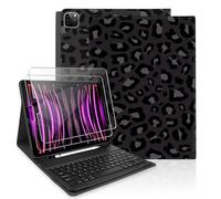 TopPerfekt Étui clavier pour iPad Pro 12,9" 6e/5e/4e/3ème génération (2022/2021/2020/2018) avec 2 protections d'écran en verre trempé dureté 9H, porte-crayon, motif léopard noir et gris