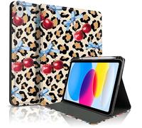 TopPerfekt Étui pour iPad 11{^>e<^} (A16) 11" 2025/10e génération 11" 2022, joli motif cerise, élégant, esthétique - Avec porte-crayon - Antidérapant, résistant aux chocs - Cerises bleues léopard
