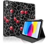 TopPerfekt Étui pour iPad 11e (A16) 11" 2025/10e génération 11" 2022, joli motif cerise chic, esthétique et élégante avec porte-crayon, antidérapant, résistant aux chocs, léopard cerises noires