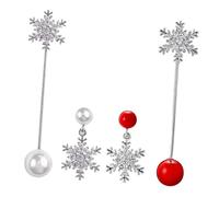 TOPPERFUN 2 paires Boucles Oreilles Femme Perles Pendantes Asymétriques Argent Flocon Blanc Rouge Élégantes Cadeau Anniversaire Fête