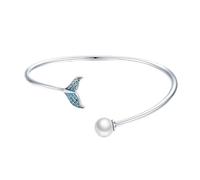 TOPPERFUN Bracelet Ouvert pour Femme en Argenté Pur S925 Forme Queue de Sirène Bleue Orné de Perle Coquillage Bijou Artisanal Élégant pour Fêtes et Voyages Présent