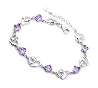 TOPPERFUN Bracelet pour Femme en Cristal de Quartz Violet Naturel, Double Cœur, Chaîne de Poignet Délicate en Cuivre Plaqué Argenté Blanc, Fermeture à Mousqueton, Bijou Mode pour Présent
