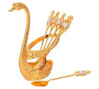 TOPPERFUN Ensemble 7 Pièces Cuillères à Café Dorées Support Base Cygne Métal Petites Cuillères à Dessert Perlées et Thé pour Desserts Fruits et Occasions Festives