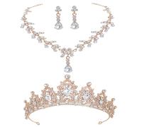 TOPPERFUN Ensemble Bijoux de Mariage pour Femmes - Diadème Couronne Or Blanc Collier en Cristal Boucles D’Oreilles Pendantes - Parure Élégante pour Jour de Mariage Fête Anniversaire et