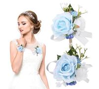 TOPPERFUN Ensemble Corsage Poignet Et Boutonnière Rose Fleur Artificielle avec Bracelet Élastique Accessoire Floral Élégant pour Mariage Bal De Promo Retour Femme