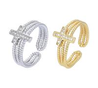 TOPPERFUN Lot de 2 Bagues Croisées Ouvertes Réglables en Zircon, Bijou pour Femmes, Argenté et Or, Bagues Multi-couches, Anneaux Croisés Élégants Adaptés à Plusieurs Tailles, Présent Mode