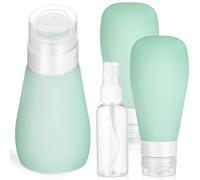 TOPPERFUN Lot de 4 set de Flacons de Voyage Souples en Silicone Recyclé - 3 Flacons 90 Ml Vert Gris 1 Vaporisateur 50 Ml Transparent en PP - Ensemble Léger et Rechargeable pour Articles de