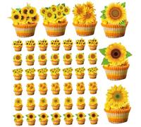 Toppers à Cupcakes de Tournesol, 48pcs 6 Styles Sunflower Cake Topper, Toppers de Cupcake d'anniversaire faciles à Utiliser pour la fête l'école thèmes, Jouets