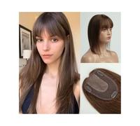 Toppers cheveux Postiche en cheveux humains avec frange de 14 pouces, postiche en cheveux Remy bruns naturels for femmes, postiche à base de soie de 4" × 5,5" à clipser for cheveux raides for cheveux