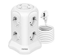 TOPREK Multiprise avec Interrupteur Parafoudre, 8 Prises 3680W, 4 USB 20W | 2 USB C Chargeur Rapide, 2USB A, 3680W/16A, Surtension, Bloc Multiprise 2m, Maison et Bureau, Blanc