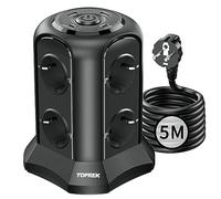 TOPREK Multiprise avec Interrupteur Parafoudre, 8 Prises 3680W, 4 USB 20W | 2 USB C Chargeur Rapide, 2USB A, 3680W/16A, Surtension, Bloc Multiprise 5m, Maison et Bureau, Noir