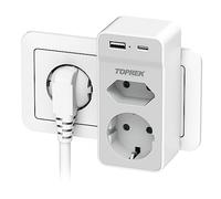 TOPREK Multiprise Murale 3 Prise Multiple, 4 USB , Blanc, 2 Prises 2 USB | Bloc Multiprise Sans Terre, Double Prise Murale, Prise Electrique USB Voyage, Adaptateur de Prise Blanc, 3680W,16A