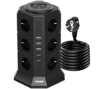 TOPREK Tour Multiprise avec Interrupteur Parafoudre, 12 Prises, 5 USB, Cube | avec 2 USB C, 4000w/16A, Surtension, Multiprise 2m, Maison et Bureau, Noir