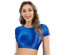 Tops courts brillants pour femmes,Tops sans manches courtes de texture lisse et brillante, t-shirts ajustés col rond uni pour streetwear, blouses translucides sans coutures motif disco for festivals