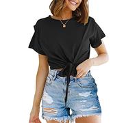 Tops CroiséS à NœUds pour Femmes Tee-Shirt DéContracté à Manches Courtes Et Col Rond Crop Tops D'éTé De Couleur Unie (Le Noir,L)