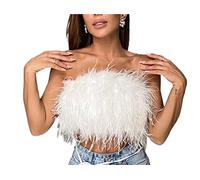 Tops Feather for Women, Sleeveless Backless Tank Strapless Faux Fur Crop Top Fluffy Slim Fit Bandeau Vest (Color : A, Size : L)