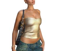 Tops tubulaires PU pour femmes,Tops bandeau sans bretelles en cuir doré, corsets ajustés épaule nue, gilet sans manches effet métallique brillant pour soirées et clubs, gilet basiques extensibles