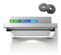 TopStrong Hotte Aspirante 60cm, 450m³/h Encastrable,Recyclage, Argent | 450 m³/h moteur brushless, hotte encastrable, filtres charbon inclus, LED, tuyau alu 2m, prise VDE