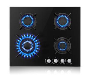 TopStrong Plaque de Cuisson Gaz 4 Feux, 60cm Plaque Gaz 4 Feux avec Sécurité Thermocouple, Cuisinière Encastrable, Naturel/Propane, 8060W, 220-240 V, Verre Noir