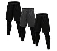 TOPTIE Lot de 3 Shorts 2 en 1 avec Leggings Compression Homme | pantalons de course 2 en 1 avec short extérieur, legging extensible, poches latérales et fentes latérales