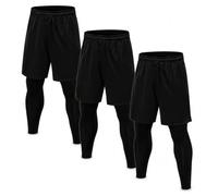 TOPTIE Lot de 3 Shorts 2 en 1 avec Leggings Compression Homme | pantalons de course 2 en 1 avec short extérieur, legging extensible, poches latérales et fentes latérales