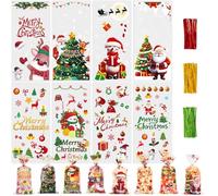 Toptime 160 Pièces Sachet Biscuit Noel, Sachet Plastique Transparent Noel avec 180 Pièces Liens Torsadés, Sachets Transparents pour Biscuits, Bonbons, Chocolats avec Père Noël Bonhomme de Neige