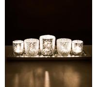 Toptime Lot de 5 photophores en Verre argenté avec Plateau et Galets en Verre, Lot de 5 bougeoirs votifs au Mercure, décorations de Table mouchetées pour fête, Mariage, décoration d'intérieur