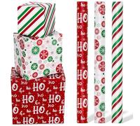 Toptime Papier Cadeau Noel, 3 Rouleau Papier Cadeau Rouge Vert avec Rayure Flocon de Neige, Brillant Métallisé Emballages de Cadeaux avec Lettre Ho, pour Nouvel An, Fêtes, Célébrations, 300x43cm