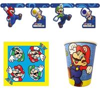 Toptoys2u Bargain Bundles Ensemble de fête Nintendo Super Mario Bros 3 pièces - 8 gobelets en Papier, 16 Serviettes et bannière de Salle de 150 cm, 33x33cm