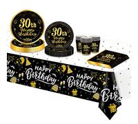 TOPWAYS Assiette Jetable Decoration Anniversaire 30 Ans - Vaisselle Lot Noir Or, Papier Assiette, Gobelets, Serviette, Nappe pour Deco Femmes Homme 16 Invités