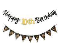 TOPWAYS Bannière décorative 10e anniversaire fille garçon, noir doré décoration d'anniversaire 10e anniversaire guirlande Happy 10 anniversaire bannière fanions pour 10anniversaire garçons filles