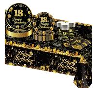 TOPWAYS Decoration Anniversaire 18 ans Fille Garçon, Noir Or Papier Assiette Jetable Serviette Gobelets Nappe pour Deco Anniversaire 18 ans Garçons Filles16 Invités (18ans)