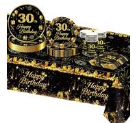 TOPWAYS Decoration Anniversaire 30 ans Homme Femme, Noir Or Papier Assiette Jetable Serviette Gobelets Nappe pour Deco Anniversaire 30 ans Femmes Homme 16 Invités (30ans)