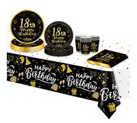 TOPWAYS Noir Or Assiette Jetable Decoration Anniversaire 18 ans Vaisselle Lot, Papier Assiette Jetable Gobelets Serviette Nappe pour Deco Anniversaire 18 ans Femmes Homme 16 Invités (Anniversaire 18)