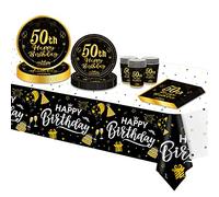 TOPWAYS Noir Or Assiette Jetable Decoration Anniversaire 50 ans Vaisselle Lot, Papier Assiette Jetable Gobelets Serviette Nappe pour Deco Anniversaire 50 ans Femmes Homme 16 Invités (Anniversaire 50)