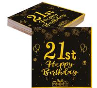 TOPWAYS Noir Or serviette papier décoration anniversaire 21 ans, 40 Pièces papier serviettes de table serviette vaisselle jetable pour deco anniversaire 21 ans Fille Garçon Femmes Homme (21ans)