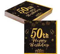 TOPWAYS Noir Or serviette papier décoration anniversaire 50 ans, 40 Pièces papier serviettes de table serviette vaisselle jetable pour deco anniversaire 50 ans Femmes Homme (50ans)