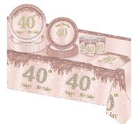 TOPWAYS Rose Assiette Jetable Decoration Anniversaire 40 ans Vaisselle Lot, Papier Assiette Jetable Gobelet Serviette Nappe pour Deco Anniversaire Fille Femme 16 Invités