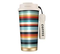 TopZeDeals Tasse à café en acier inoxydable 316 avec lanière - Gobelet isotherme sous vide - Anti-fuite - Tendance - À rayures - Portable - Pour café, thé et bière - Blanc