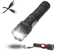 Torche 2000 Lumens FISHTEC LED Puissante Portée 1500 m Zoom Télescopique 3 Modes + 4 Latéraux Batterie 18650 Recharge USB Noir G