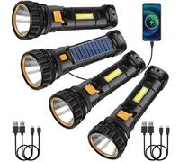 Torche Lampe De Poche LED Solaire, 1200 Mah Rechargeable, Avec Chargeur USB, Flashlight IPX4 Étanche 3 Modes Lumière Pour Camping Randonnée Urgence, 4 Pcs